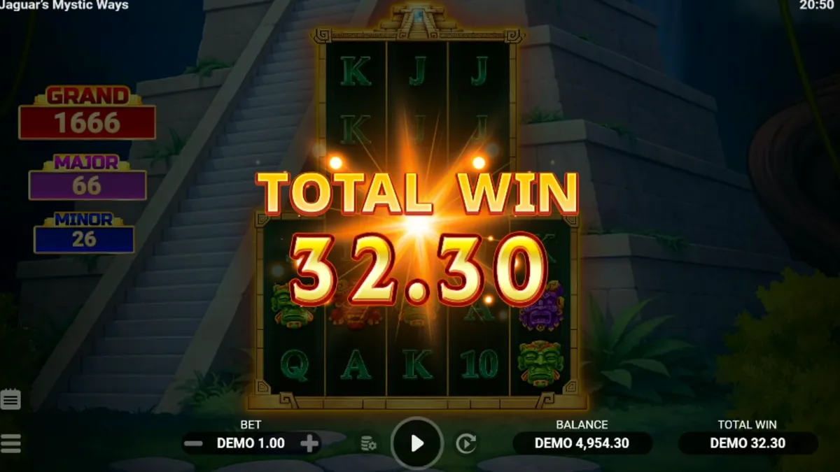 Pemandangan kuil kuno dan hutan dalam slot Jaguar’s Mystic Ways