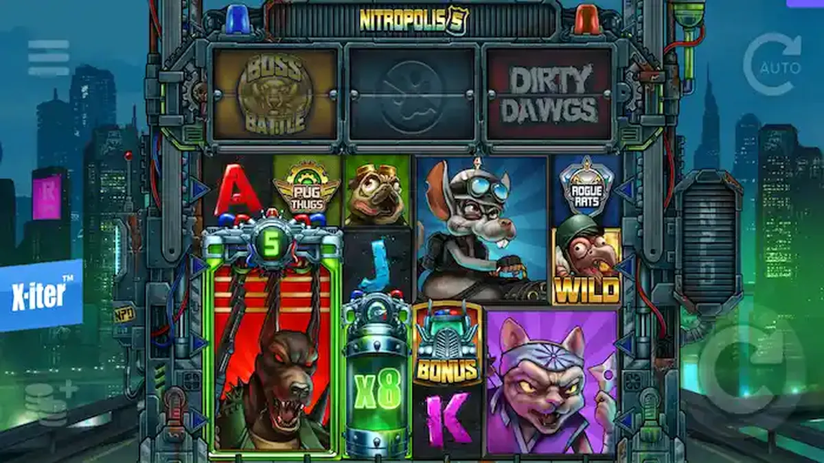 Tampilan visual penuh aksi dari permainan slot Nitropolis 5 dengan tema perang klan hewan.