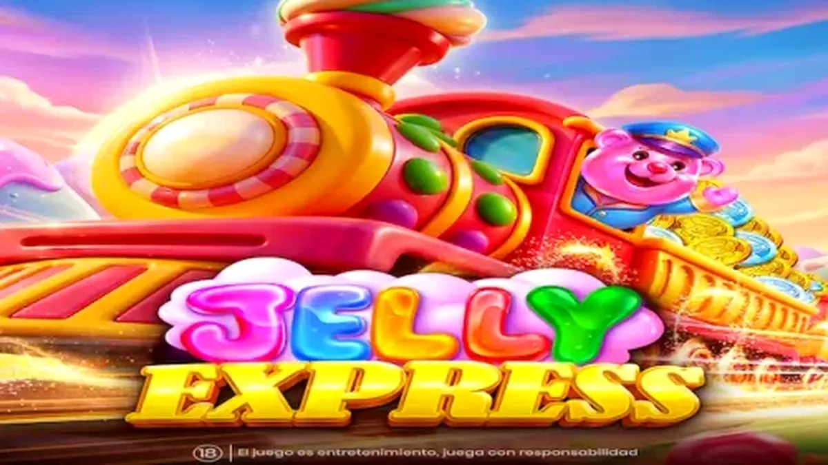 Tampilan visual ceria dari slot Jelly Express dengan tema permen dan kereta api.